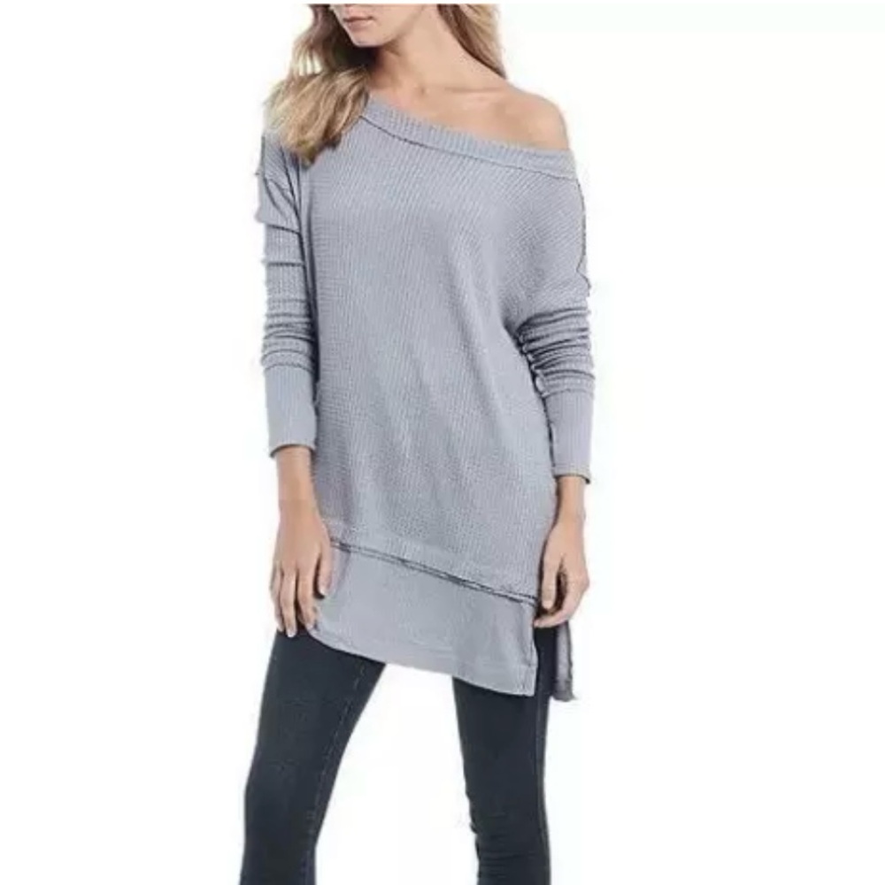 Free People We the Free Top Size Small Gray  North Shore Thermal Top w/‎ Raw Hem